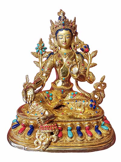 Buddhist Handmade Statue Of Green Tara, [face Painted], [gold Plated], [stone Setting]