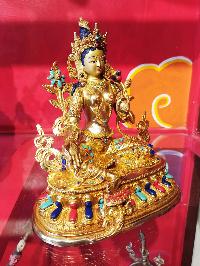 Buddhist Handmade Statue Of Green Tara, [face Painted], [gold Plated], [stone Setting]