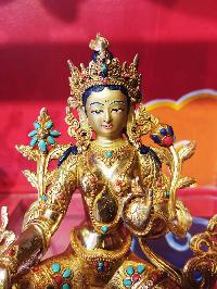 Buddhist Handmade Statue Of Green Tara, [face Painted], [gold Plated], [stone Setting]