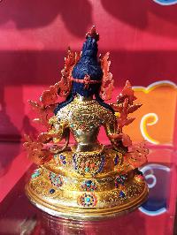 Buddhist Handmade Statue Of Green Tara, [face Painted], [gold Plated], [stone Setting]