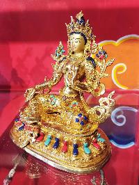 Buddhist Handmade Statue Of Green Tara, [face Painted], [gold Plated], [stone Setting]