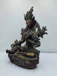 [old Stock], Buddhist Handmade Statue Of Green Tara, [antique Finishing], [stone Setting]