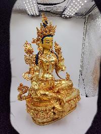 Green Tara, Buddhist Handmade Statue, [full Fire Gold Plated], [face Painted], [stone Setting]