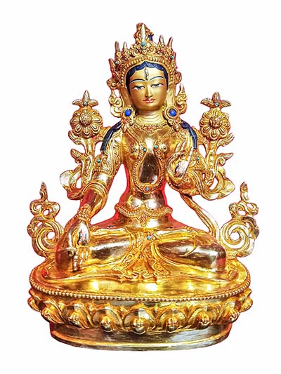 White Tara Statue, Buddhist Handmade Statue, [face Painted], [gold Plated], [stone Setting]