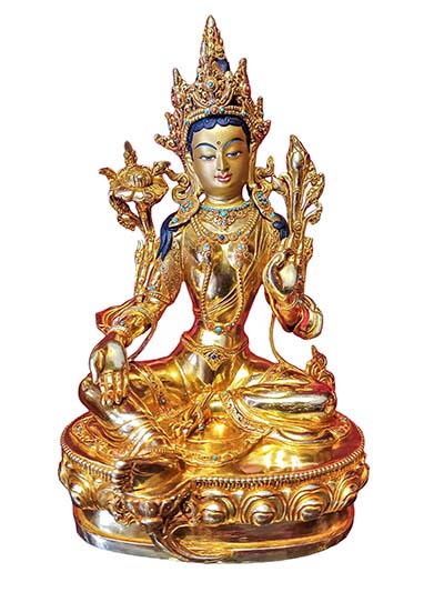 Green Tara Statue, Buddhist Handmade Statue, [face Painted], [gold Plated], [stone Setting]