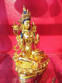 Green Tara Statue, Buddhist Handmade Statue, [face Painted], [gold Plated], [stone Setting]