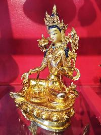 Green Tara Statue, Buddhist Handmade Statue, [face Painted], [gold Plated], [stone Setting]