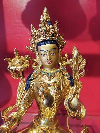 Green Tara Statue, Buddhist Handmade Statue, [face Painted], [gold Plated], [stone Setting]