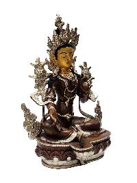 Green Tara, Buddhist Handmade Statue, [silver And Chocolate Oxidized], [face Painted]