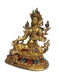 Green Tara Statue, Buddhist Handmade Statue, [face Painted], [gold Plated], [stone Setting]