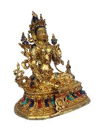 Green Tara Statue, Buddhist Handmade Statue, [face Painted], [gold Plated], [stone Setting]