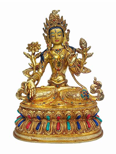 White Tara Statue, Buddhist Handmade Statue, On Double Base, [face Painted], [gold Plated], [stone Setting]