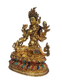 White Tara Statue, Buddhist Handmade Statue, On Double Base, [face Painted], [gold Plated], [stone Setting]