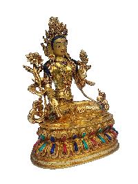 White Tara Statue, Buddhist Handmade Statue, On Double Base, [face Painted], [gold Plated], [stone Setting]