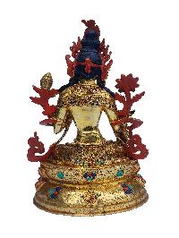 White Tara Statue, Buddhist Handmade Statue, On Double Base, [face Painted], [gold Plated], [stone Setting]