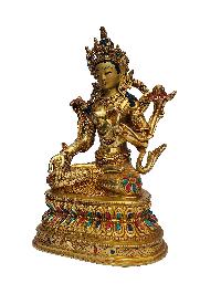 White Tara Statue, Buddhist Handmade Statue On Double Base, [face Painted], [gold Plated], [stone Setting]