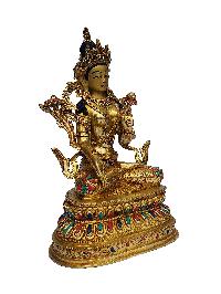 White Tara Statue, Buddhist Handmade Statue On Double Base, [face Painted], [gold Plated], [stone Setting]