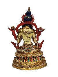 White Tara Statue, Buddhist Handmade Statue On Double Base, [face Painted], [gold Plated], [stone Setting]