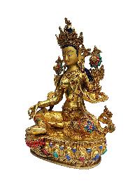 Buddhist Handmade Statue Of Green Tara, [face Painted], [gold Plated], [stone Setting]