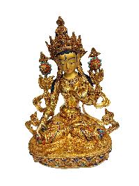 Buddhist Handmade Statue Of White Tara, [face Painted], [gold Plated], [stone Setting]