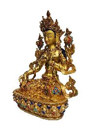 Buddhist Handmade Statue Of White Tara, [face Painted], [gold Plated], [stone Setting]