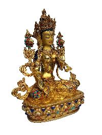 Buddhist Handmade Statue Of White Tara, [face Painted], [gold Plated], [stone Setting]