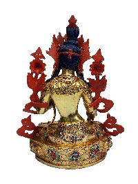 Buddhist Handmade Statue Of White Tara, [face Painted], [gold Plated], [stone Setting]