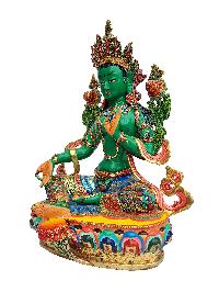 Buddhist Handmade Statue Of Green Tara, [thangka Colour Finishing], [stone Setting]