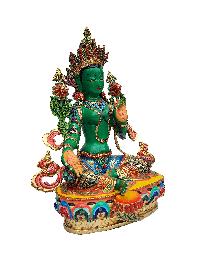 Buddhist Handmade Statue Of Green Tara, [thangka Colour Finishing], [stone Setting]