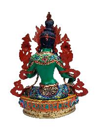 Buddhist Handmade Statue Of Green Tara, [thangka Colour Finishing], [stone Setting]