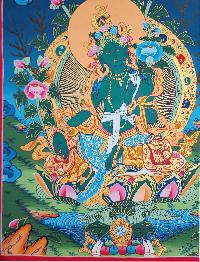 Green Tara Thangka Painting, Buddhist Traditional Painting, Tibetan Style
