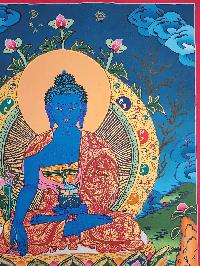 Medicine Buddha Thangka Painting, Buddhist Traditional Painting, Tibetan Style