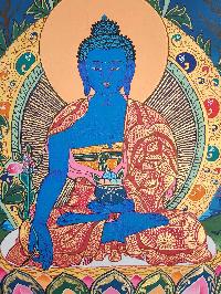 Medicine Buddha Thangka Painting, Buddhist Traditional Painting, Tibetan Style