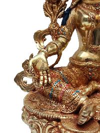 Green Tara, Buddhist Handmade Statue [full Fire Gold Plated], [face Painted], [stone Setting]