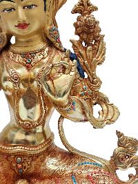 Green Tara, Buddhist Handmade Statue [full Fire Gold Plated], [face Painted], [stone Setting]