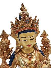 Green Tara, Buddhist Handmade Statue [full Fire Gold Plated], [face Painted], [stone Setting]