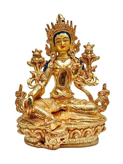 Green Tara, Buddhist Handmade Statue, [full Fire Gold Plated], With [painted Face]