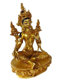 Green Tara, Buddhist Full Gold Plated Statue Of Green Tara With Painted Face And Deep Carving