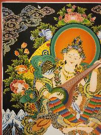 Saraswati Thangka, Buddhist Traditional Painting, With Sitatapatra And Green Tara