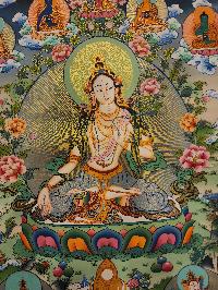 White Tara Thangka Painting With Pancha Buddha, Buddhist Traditional Painting, Tibetan Style, Three Long Life Deities With Pancha Buddha