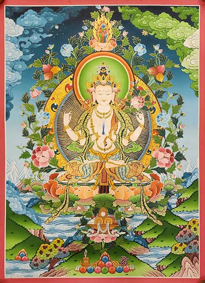 Chenrezig Thangka, Buddhist Traditional Painting, Tibetan Style