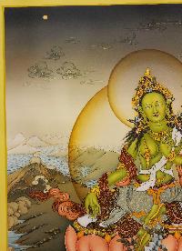 Green Tara Thangka Painting, Buddhist Traditional Painting, Karma Gadri Art, [real Gold], With Three Goddess Of Divine Grace