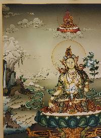 White Tara Thangka, Buddhist Traditional Painting, Karma Gadri Art, [real Gold], With Three Long Life Deities