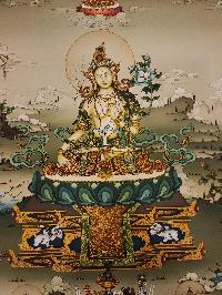 White Tara Thangka, Buddhist Traditional Painting, Karma Gadri Art, [real Gold], With Three Long Life Deities