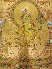 Green Tara Thangka, [high Quality], Buddhist Traditional Painting, Lhyape Style, [real Gold], With Pancha Buddha