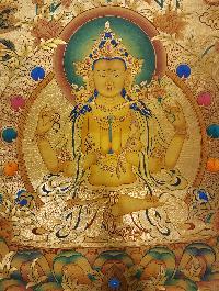Chenrezig Thangka, [high Quality], Buddhist Traditional Painting, Lhyape Style, [real Gold]