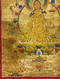 White Tara Thangka, [high Quality] Buddhist Traditional Painting, Lhyape Style, [real Gold], Three Long Life Deities, And Pancha Buddha