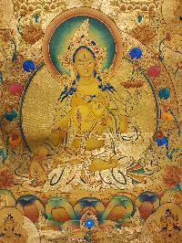 White Tara Thangka, [high Quality] Buddhist Traditional Painting, Lhyape Style, [real Gold], Three Long Life Deities, And Pancha Buddha