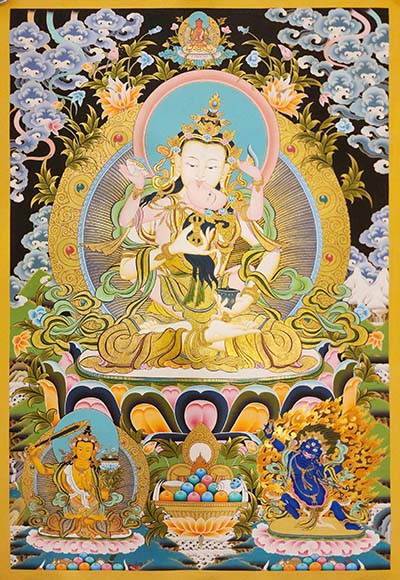Vajrasattva With Consort, Shakti, Yab-yum Thangka, Buddhist Traditional Painting, Tibetan Style, [real Gold], With Manjushri And Vajrapani