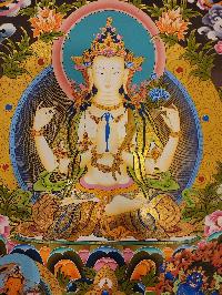 Chenrezig Thangka, [master Quality] Buddhist Traditional Painting, Tibetan Style, [real Gold], Three Great Bodhisattvas